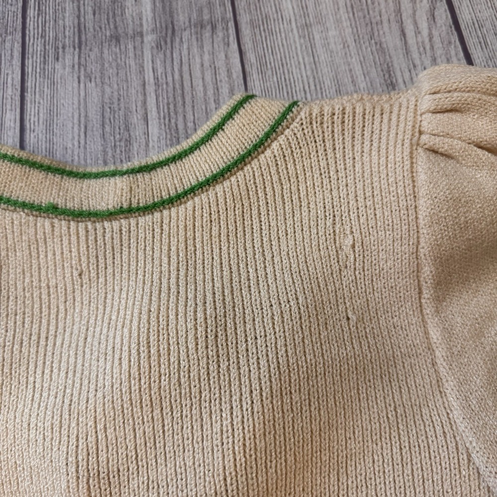 St John Santana Knit Vintage Midi Dress Cream Green Gold Button Puff Sleeve S - Picture 10 of 11